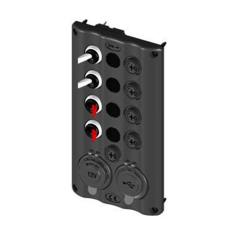 12V Switch Panel with Glow RED Toggles, 4 Gang + 2 Power Sockets, IP65 Rated – BlueFusion - 4Boats