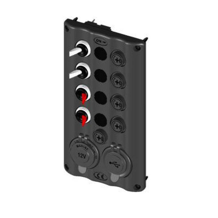 12V Switch Panel with Glow RED Toggles, 4 Gang + 2 Power Sockets, IP65 Rated – BlueFusion - 4Boats