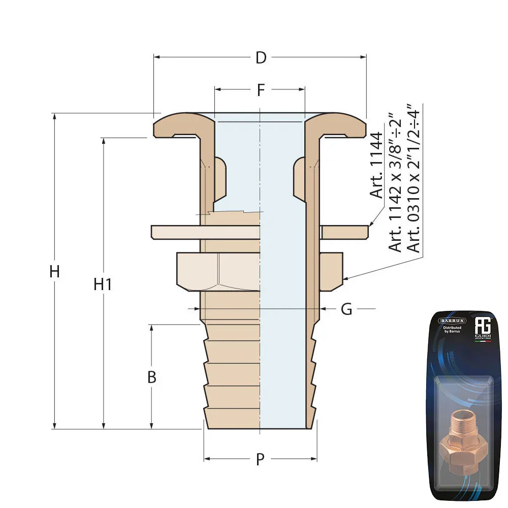 Guidi Brass Thru-Hull 1 in to 1/2 in Hose Adaptor - Retail Pa | 4Boats