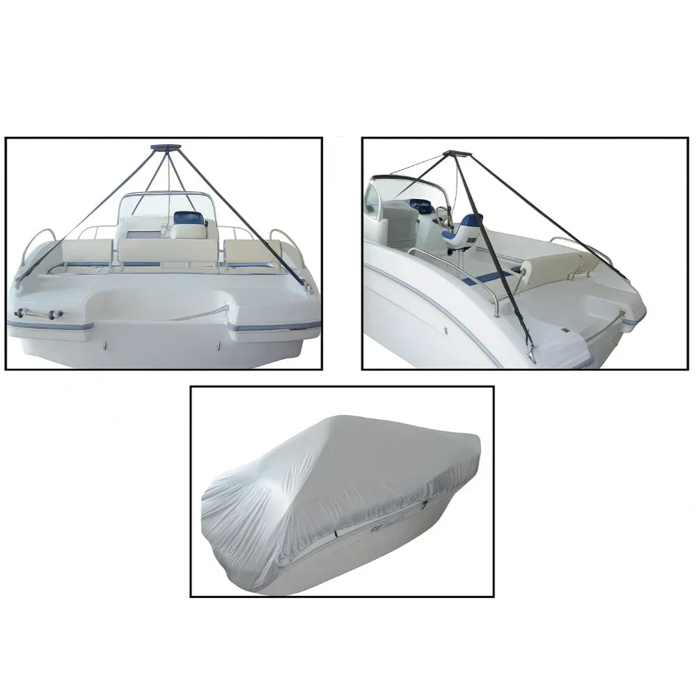 Boat with a canopy and a boat cover displayed on a white background