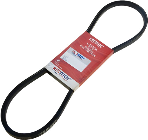 A black RECMAR branded belt, likely made of rubber, packaged on a red and white label.