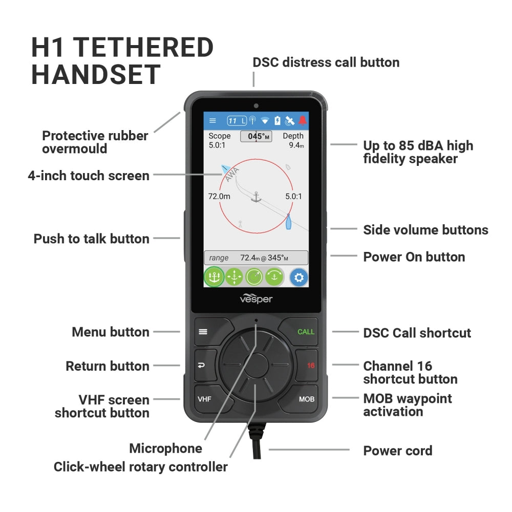 Vesper Cortex Cortex Cortex H1 Wired Handset with Bulkhead Co | 4Boats