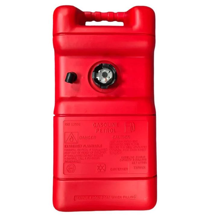 Red OMC Evinrude fuel tank with detailed labeling and secure fill cap for safe gasoline storage