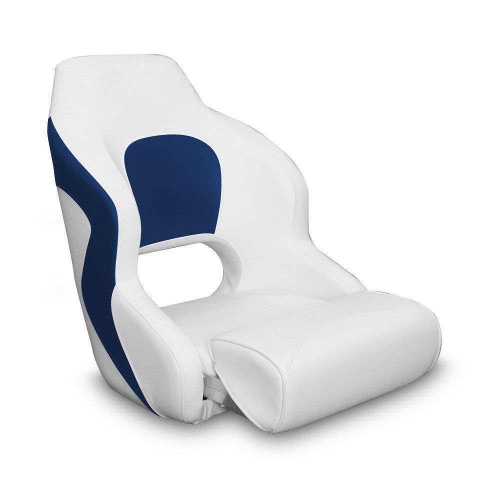Premium Captain’s Bucket Flip-Up Bolster Seat – White/Blue Style - 4Boats