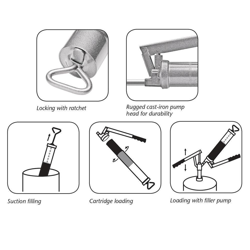 SAMOA 500 cc Lever Action Grease Pump c/w Filler Valve, Rigid Stem & 4-Jaw Connector - 4Boats
