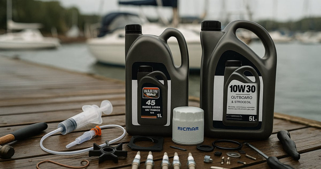 Outboard service kit components for a 100-hour marine engine service