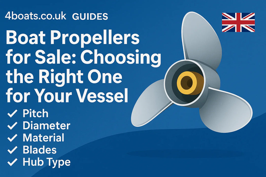 Boat propeller buying guide illustration with UK flag, 4Boats logo, and propeller diagram