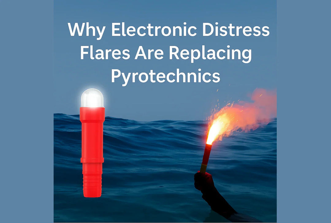 Red electronic distress flare and hand-held pyrotechnic flare over ocean, marine safety gear