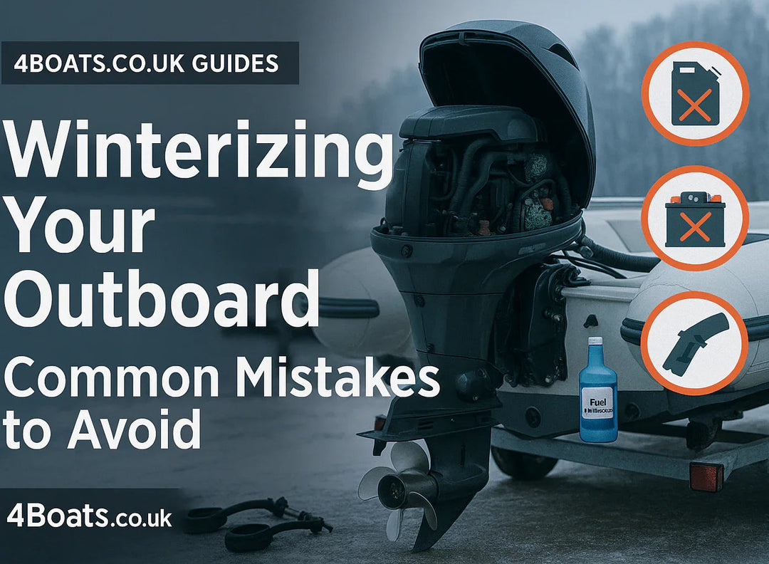 Outboard motor on boat trailer with winterizing tips and icons, 4Boats UK guide