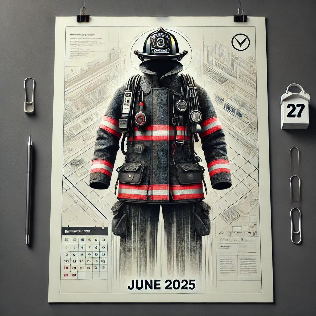 Modern fireman's suit with safety gear on a June 2025 calendar, safety regulations concept