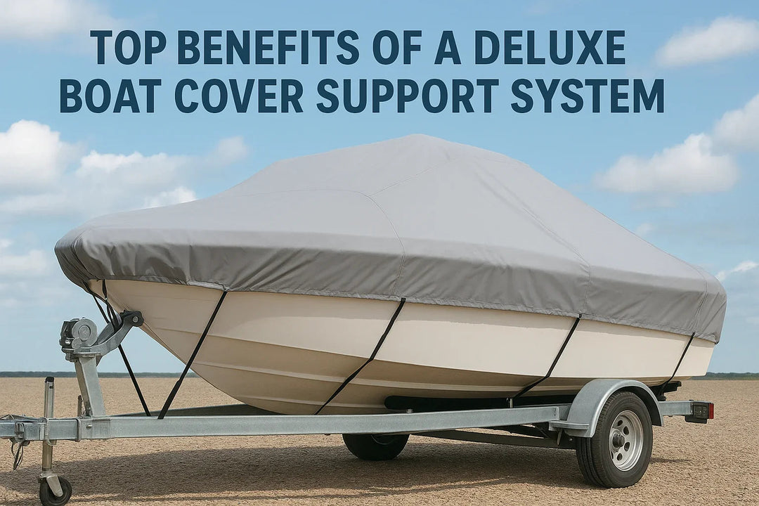 Deluxe boat cover support system protecting a boat on trailer outdoors, 4Boats UK marine accessory