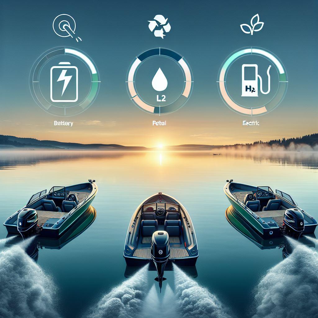 Three modern boats with outboard motors on a calm lake at sunrise, eco-friendly icons above.