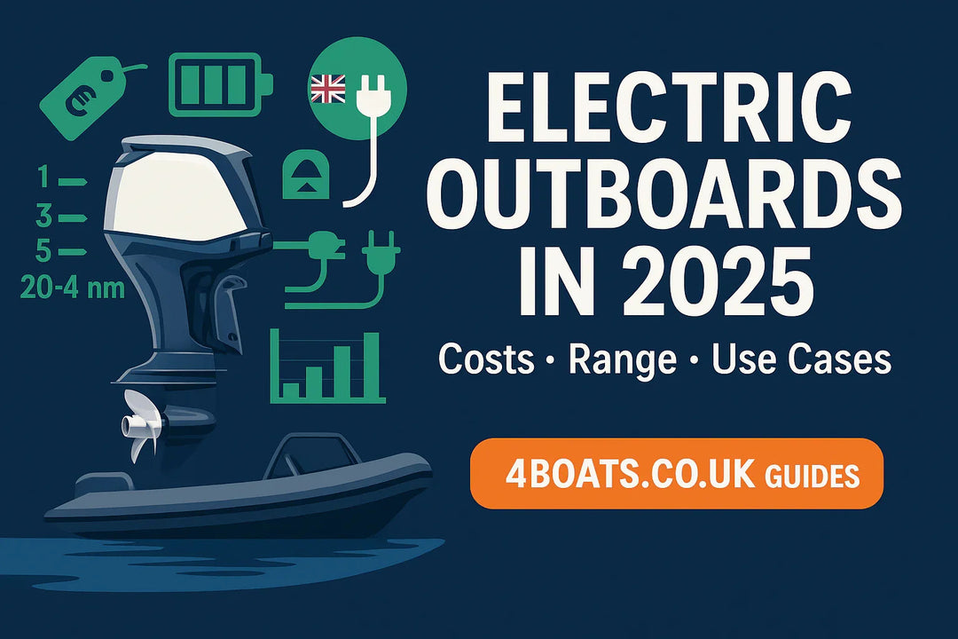 Electric outboard motor infographic for 2025 costs, range and use cases, 4Boats UK guide.