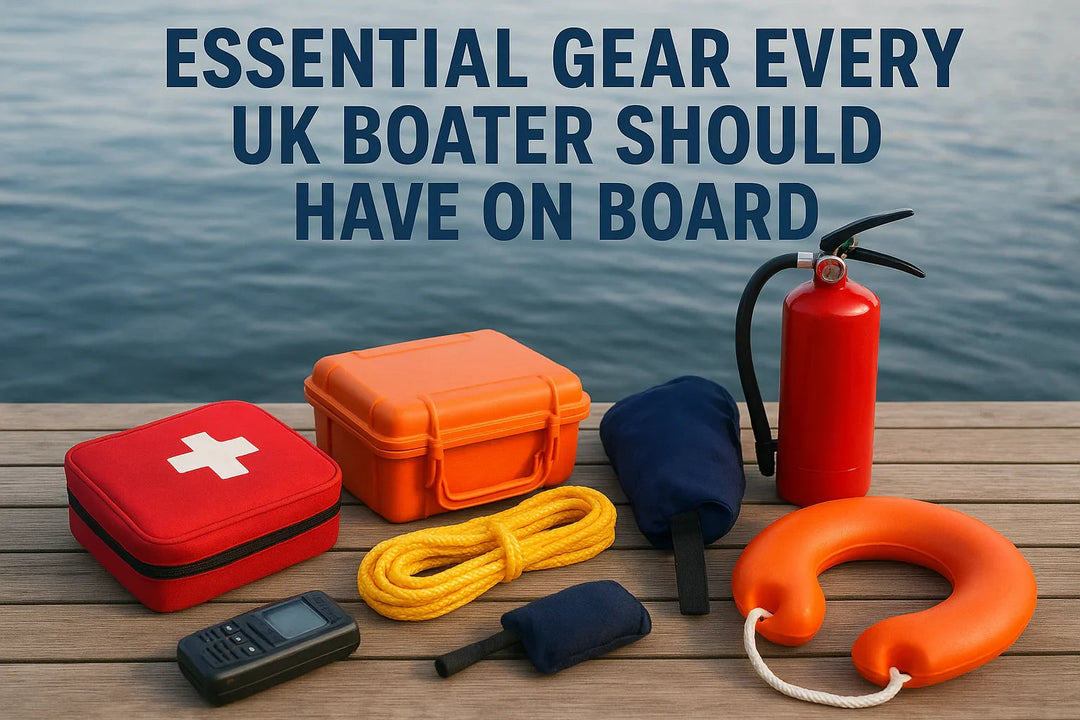 Essential UK boater safety gear including first aid kit, fire extinguisher, rope, and life ring on dock