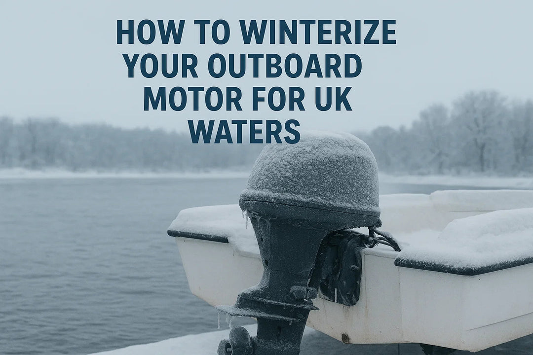 Snow-covered outboard motor on boat in winter, UK waters, boat parts from 4Boats UK