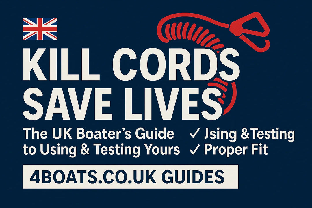 4Boats UK guide graphic with British flag, red kill cord, and safety boating tips text