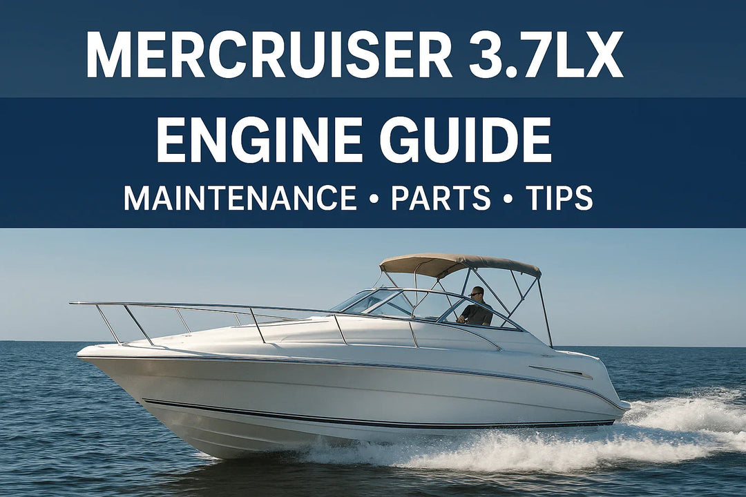 MerCruiser 3.7LX engine guide banner with white motorboat on water, maintenance tips, 4Boats UK