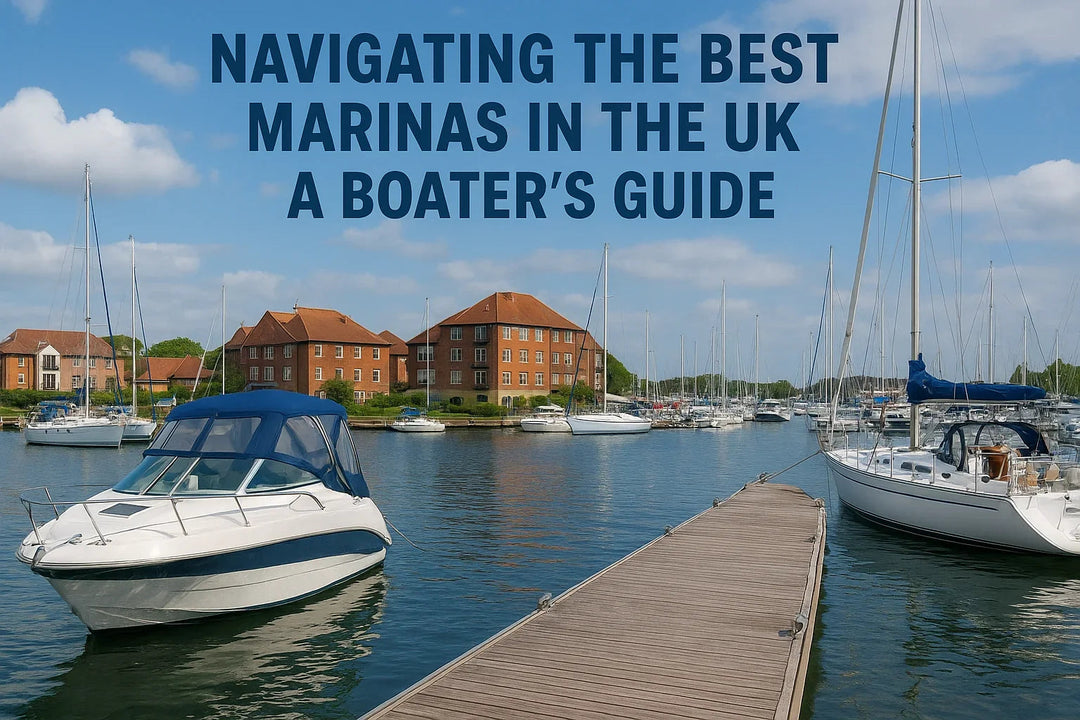 UK marina with yachts, boats, and waterfront homes under blue sky, 4Boats boating guide