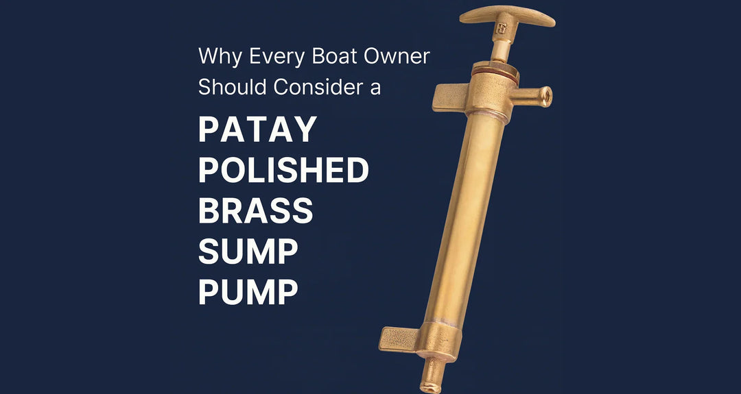 Patay polished brass sump pump for boats on navy background, marine accessories at 4Boats UK