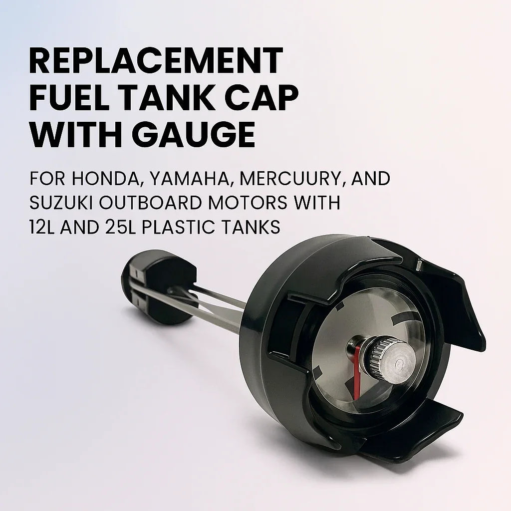 Replacement fuel tank cap with gauge for Honda, Yamaha, Mercury, Suzuki 12L 25L plastic tanks.