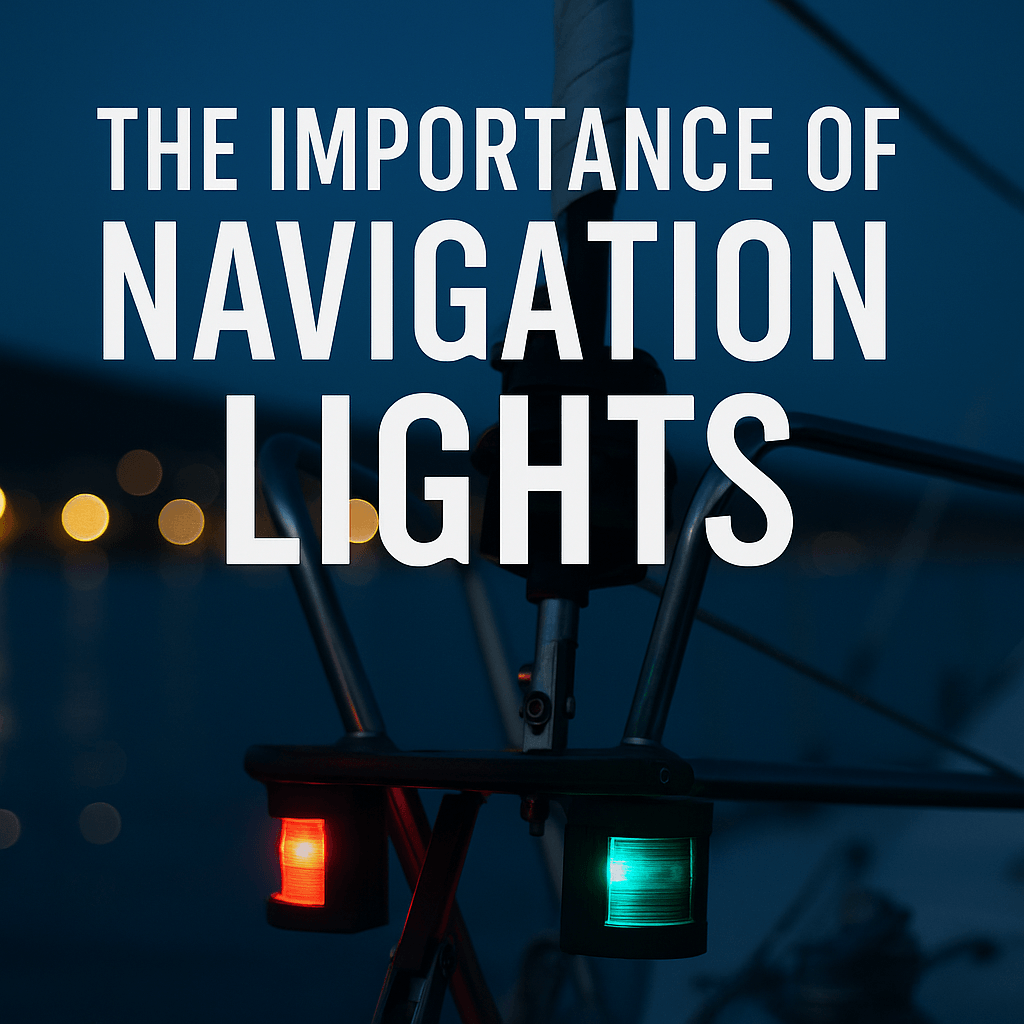 Boat navigation lights at night with text 'The Importance of Navigation Lights' for 4Boats UK
