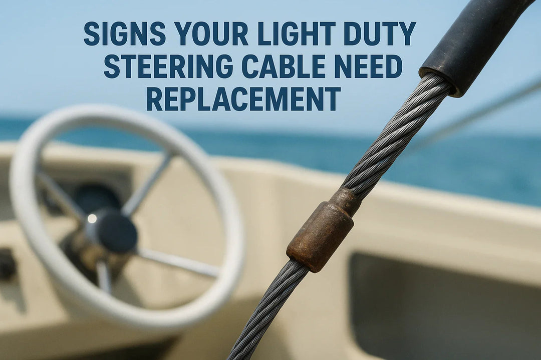 Close-up of boat steering cable with steering wheel and sea background, 4Boats marine parts