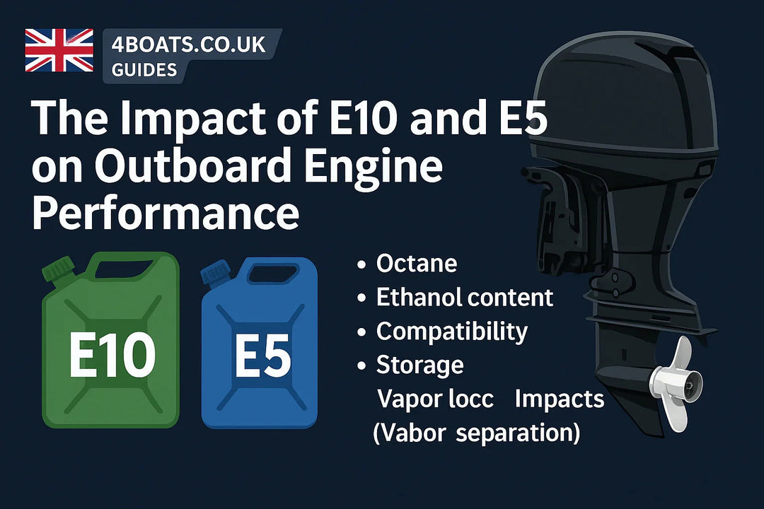 E10 vs E5 fuel impact on outboard engine performance, with fuel cans and marine motor, 4Boats UK.