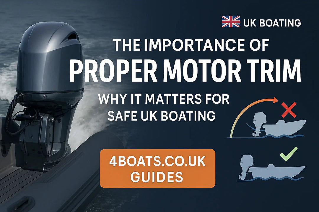 Outboard motor on boat, UK flag, text about proper motor trim for safe UK boating, 4Boats guide