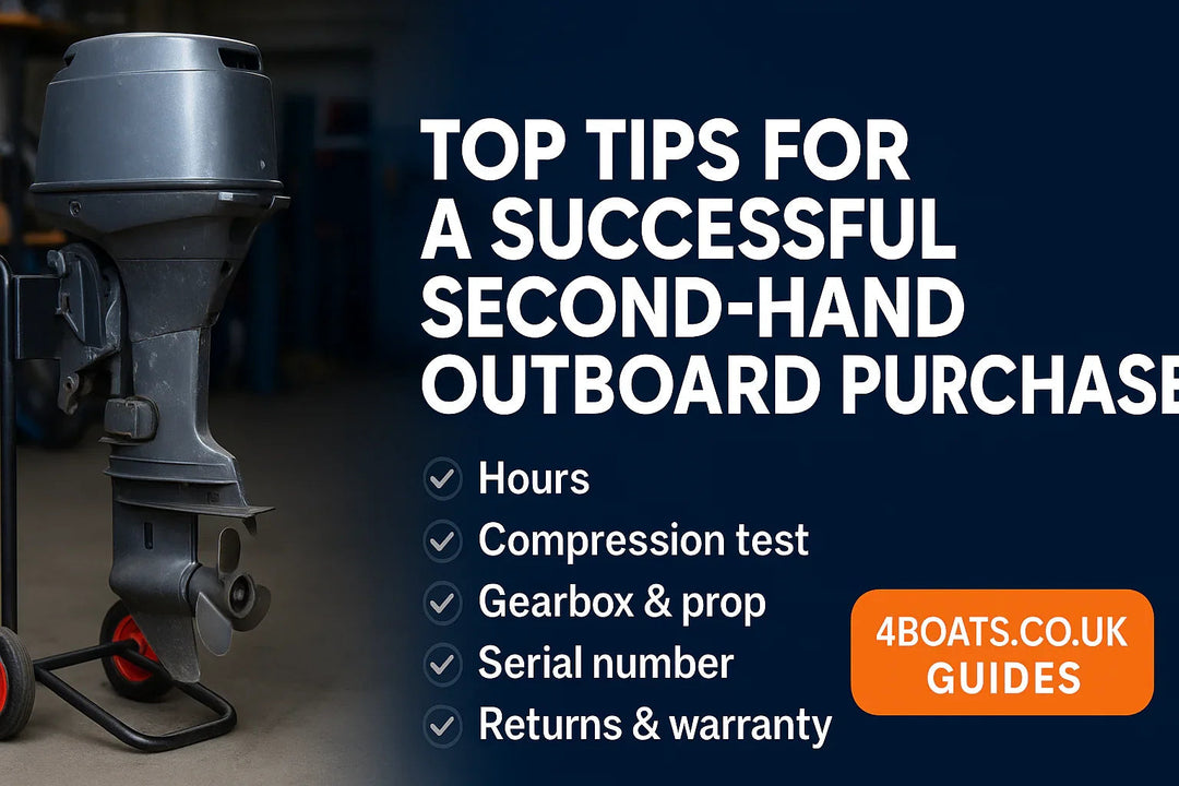 Used outboard motor on stand with tips for second-hand outboard purchase from 4Boats UK
