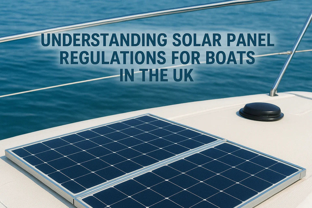 Solar panels on a boat deck at sea, highlighting UK boat solar regulations, 4Boats UK