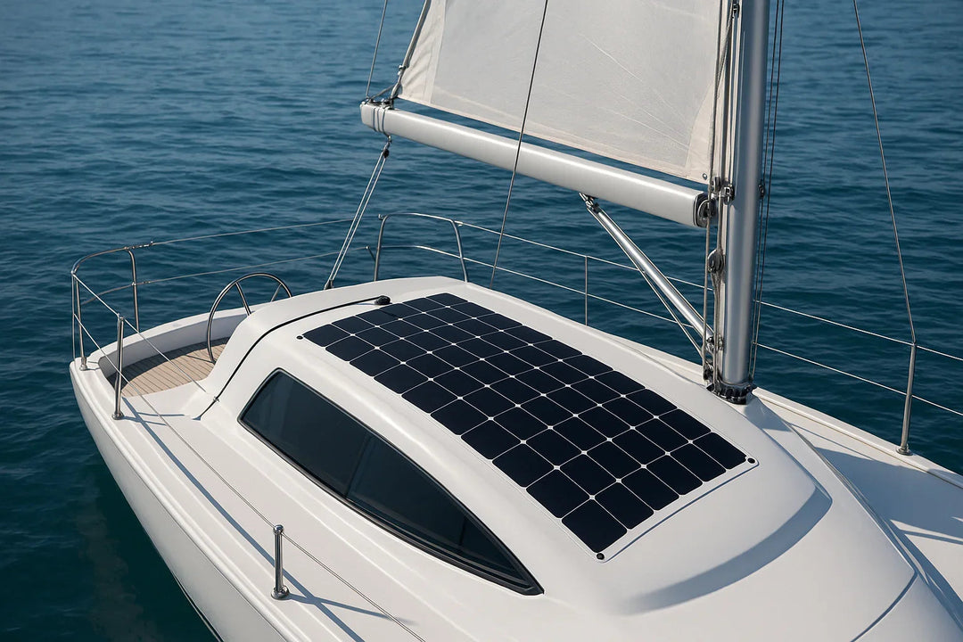 Sailboat with flexible solar panel on deck, marine accessories from 4Boats UK