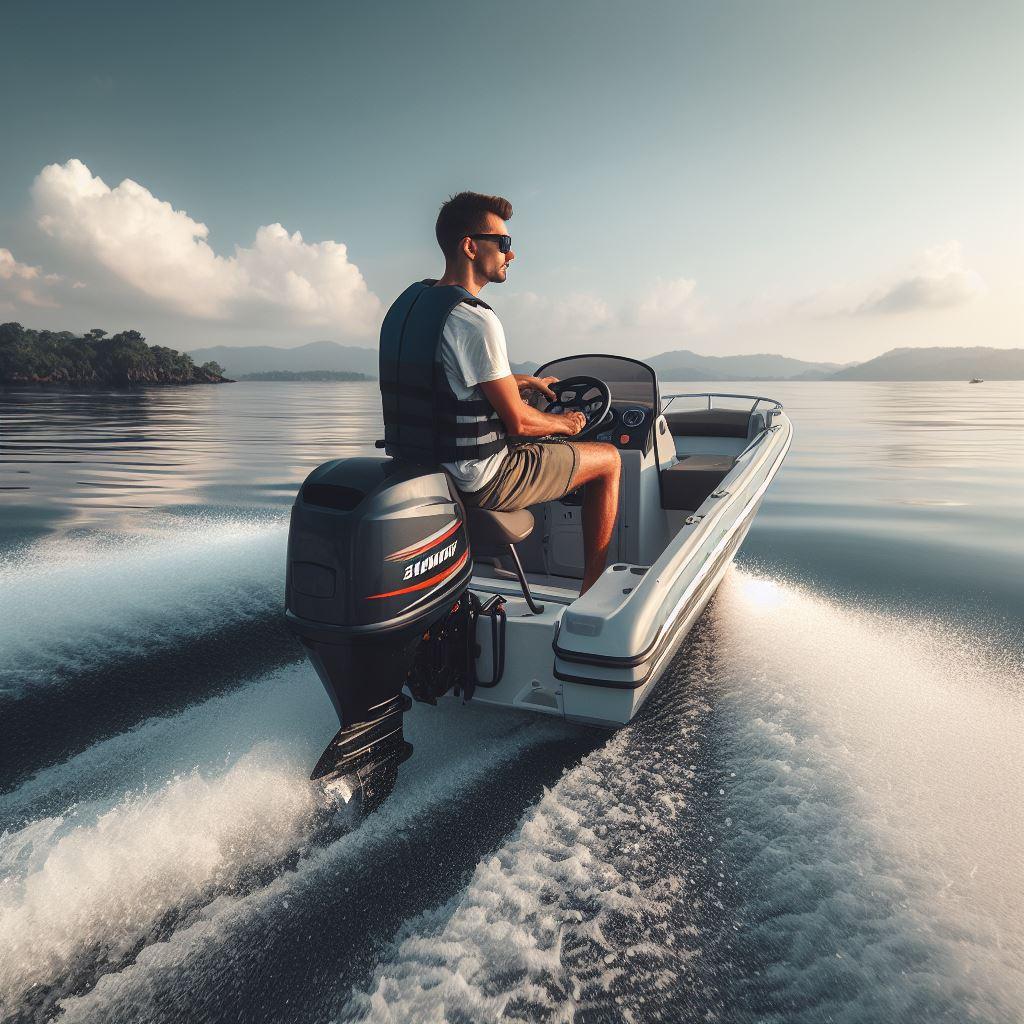 Man piloting a small boat with an outboard motor on calm water, showcasing marine accessories.