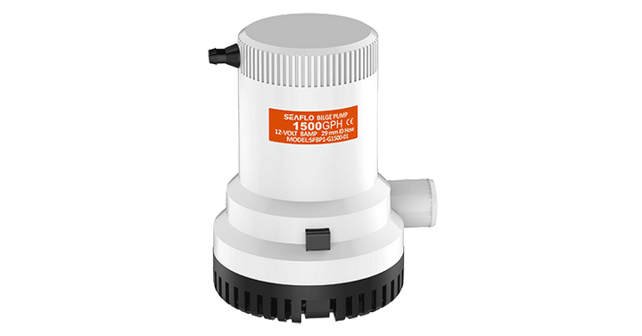 Seaflo 1500GPH marine bilge pump for boats, white with black base, on white background