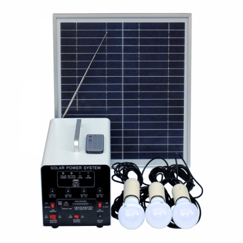 15W solar lighting system with FM radio, MP3 player, solar panel, control unit, and LED bulbs