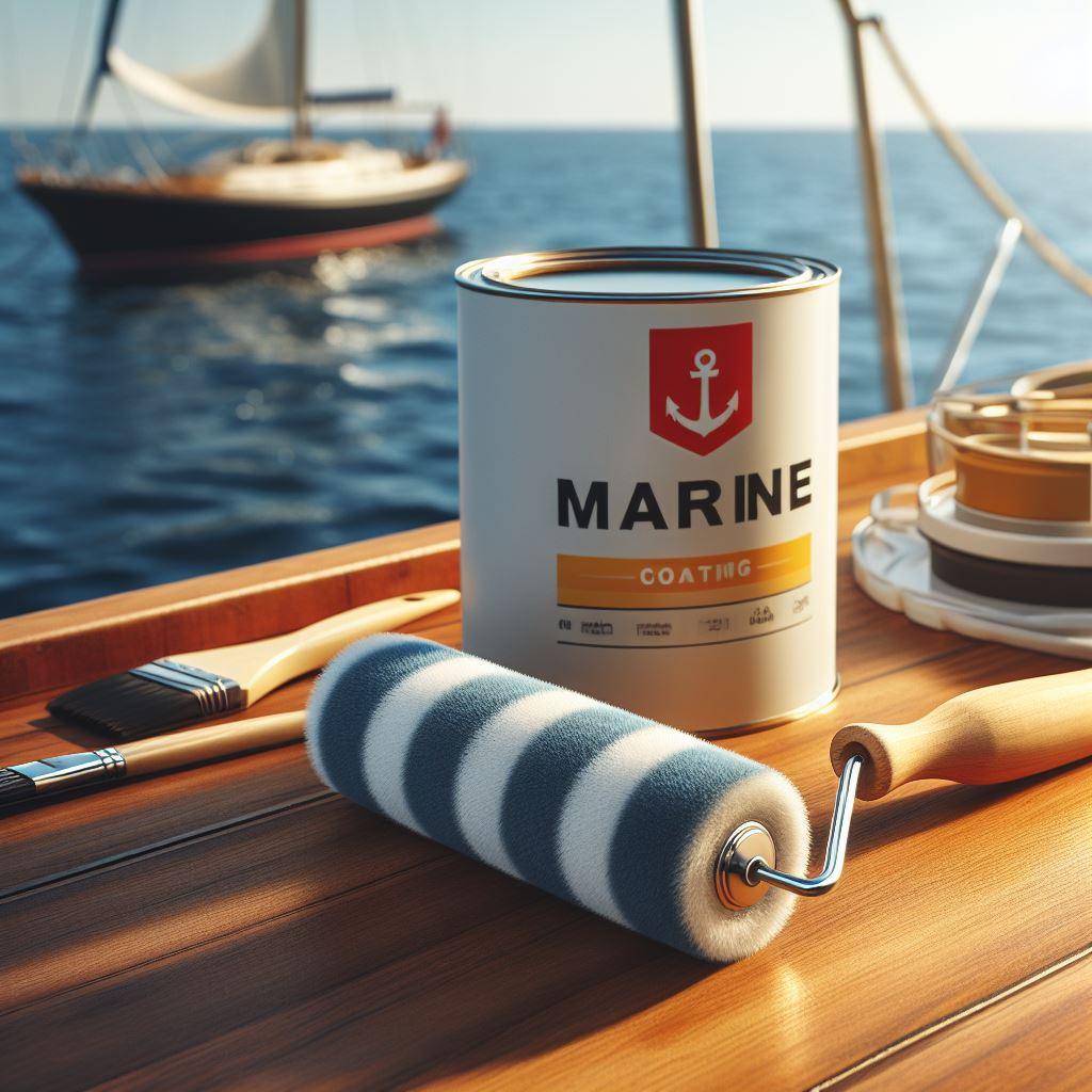 Marine paint can, roller, and brushes on boat deck with ocean and sailboat in background, 4Boats
