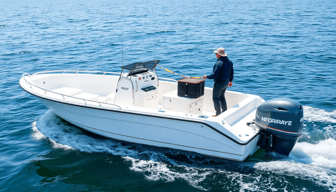 Man fishing on a white motorboat with outboard engine on open water, 4Boats marine parts