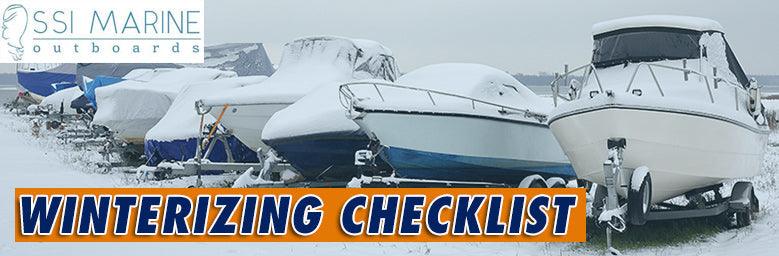 Snow-covered boats in winter storage, outboard winterizing checklist banner, 4Boats UK marine accessories