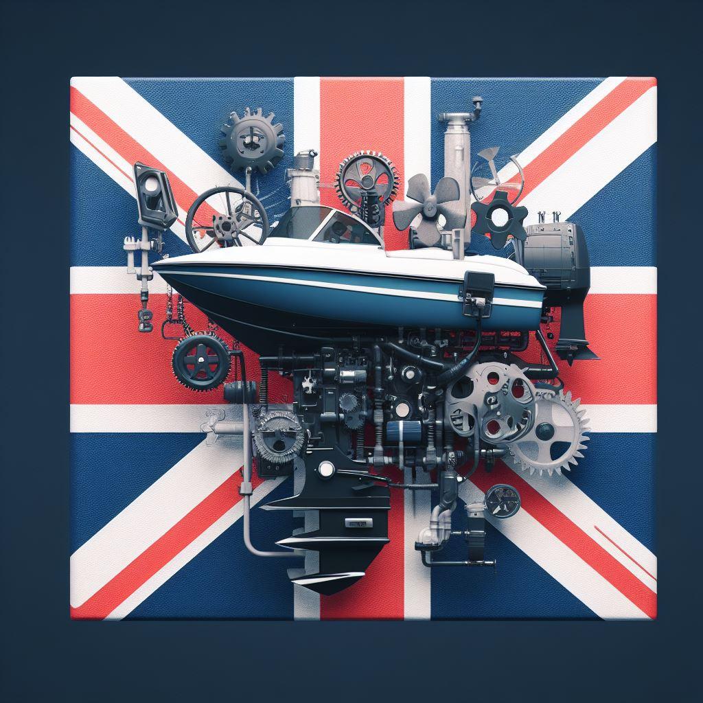 Boat and marine engine parts assembly on Union Jack flag, UK marine accessories theme.