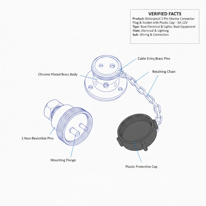 Waterproof 2-Pin Marine Deck Connector Plug & Socket with Plastic Cap - 5A 12V - Technical specification image 3