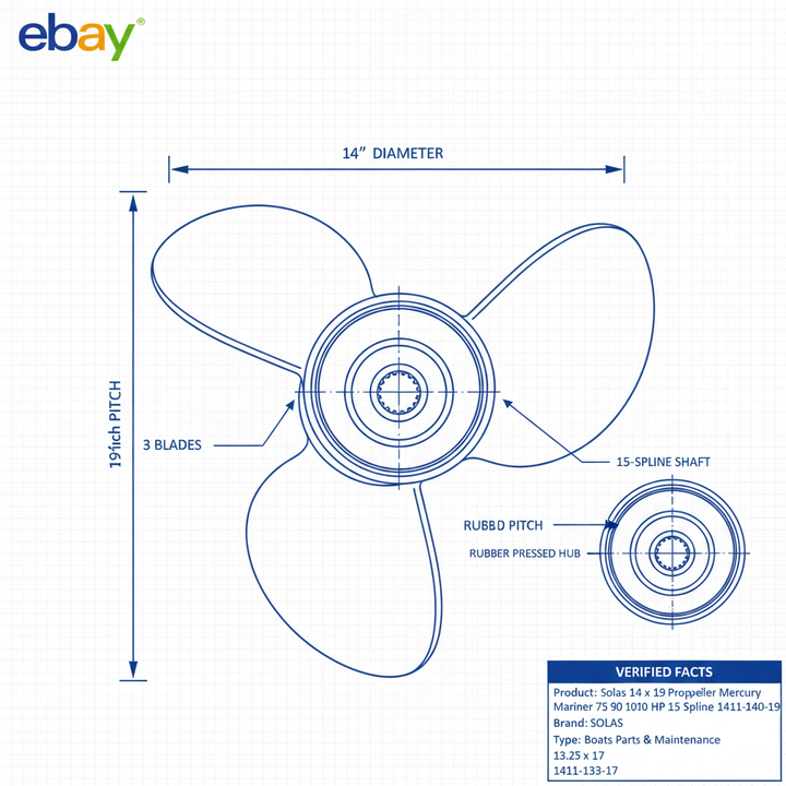Solas 14 x 19 Propeller Mercury Mariner 75 90 100 115 HP 15 Spline 1411-140-19 - Technical specification image 3