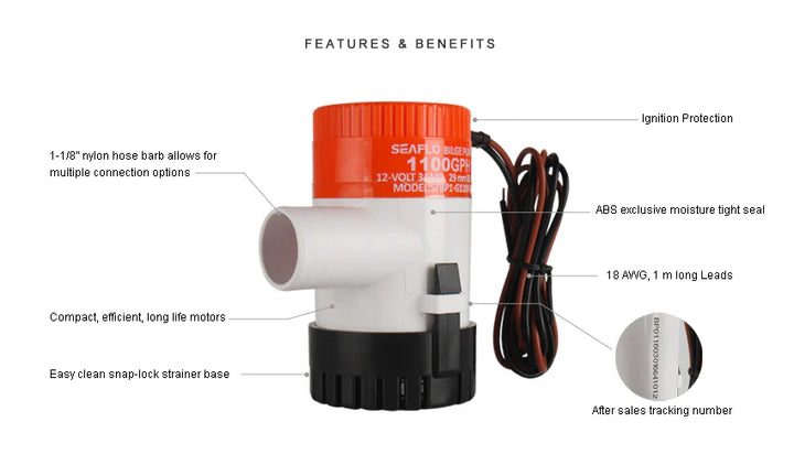 Seaflo 24V 1100GPH Bilge Pump Non-Auto 01-Series SFBP2-G1100-01 Marine Boat