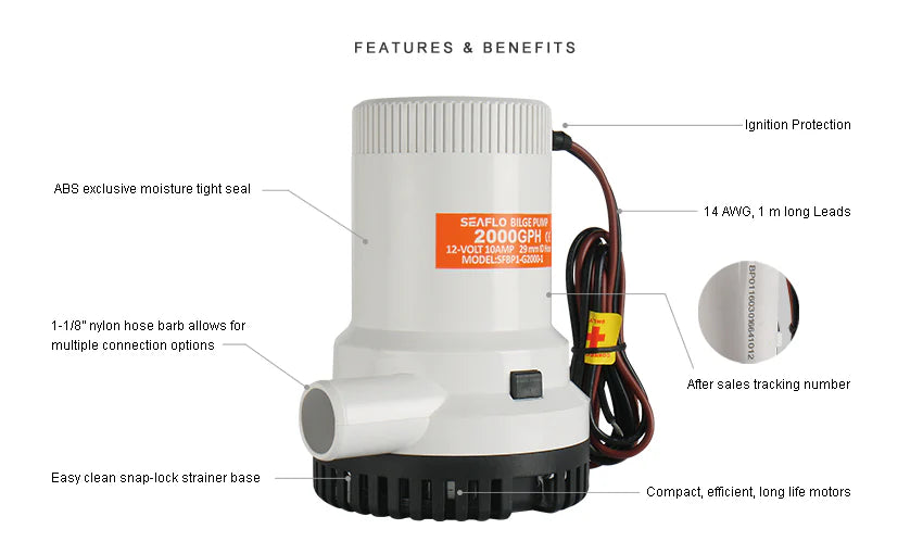 SEAFLO 24V 2000GPH Marine Bilge Pump Non-Automatic SFBP2-G2000-01