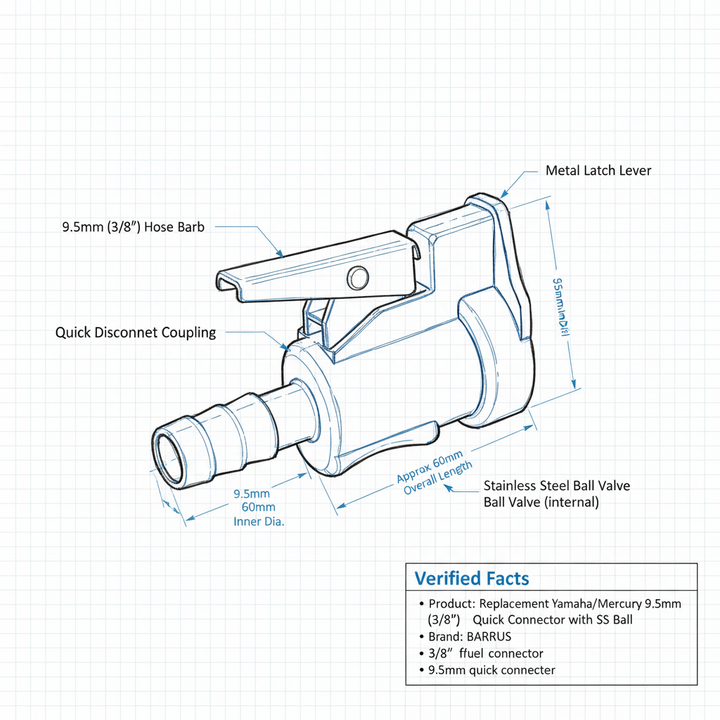 Replacement Yamaha/Mercury 9.5mm (3/8") Quick Connector with SS Ball - Technical specification image 3