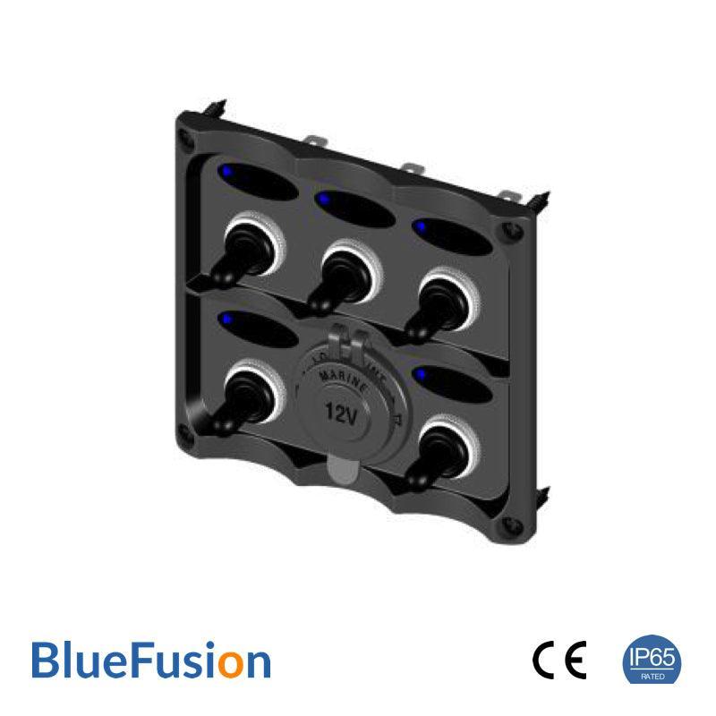 12V Switch Panel with Toggle Switch, 5 Gang + Power Socket, IP65 Rated – BlueFusion - 4Boats