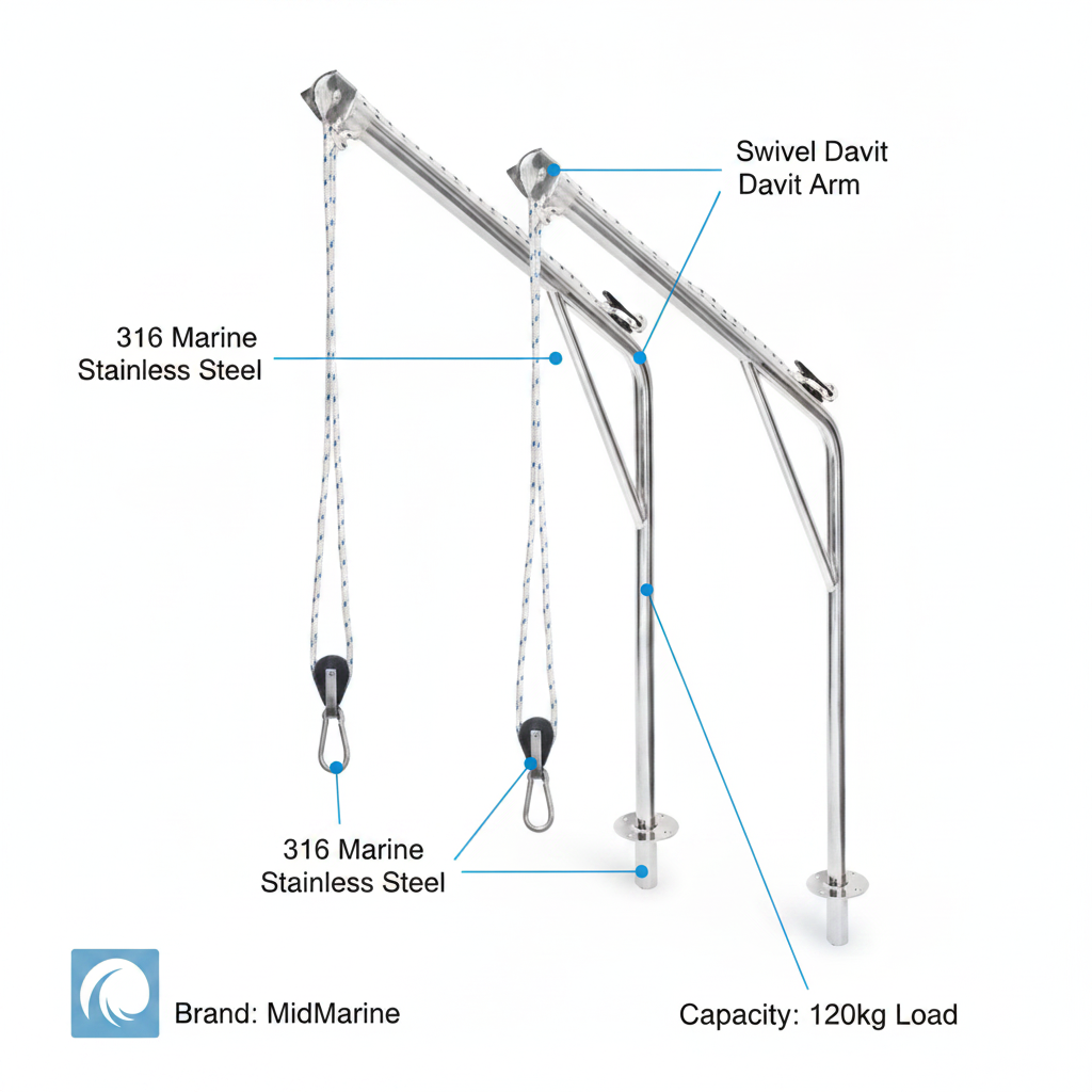 Stainless Steel Davits Pair 120kg Load 1.4m Tall Swivel Removable 316 Marine - Technical specification image 2