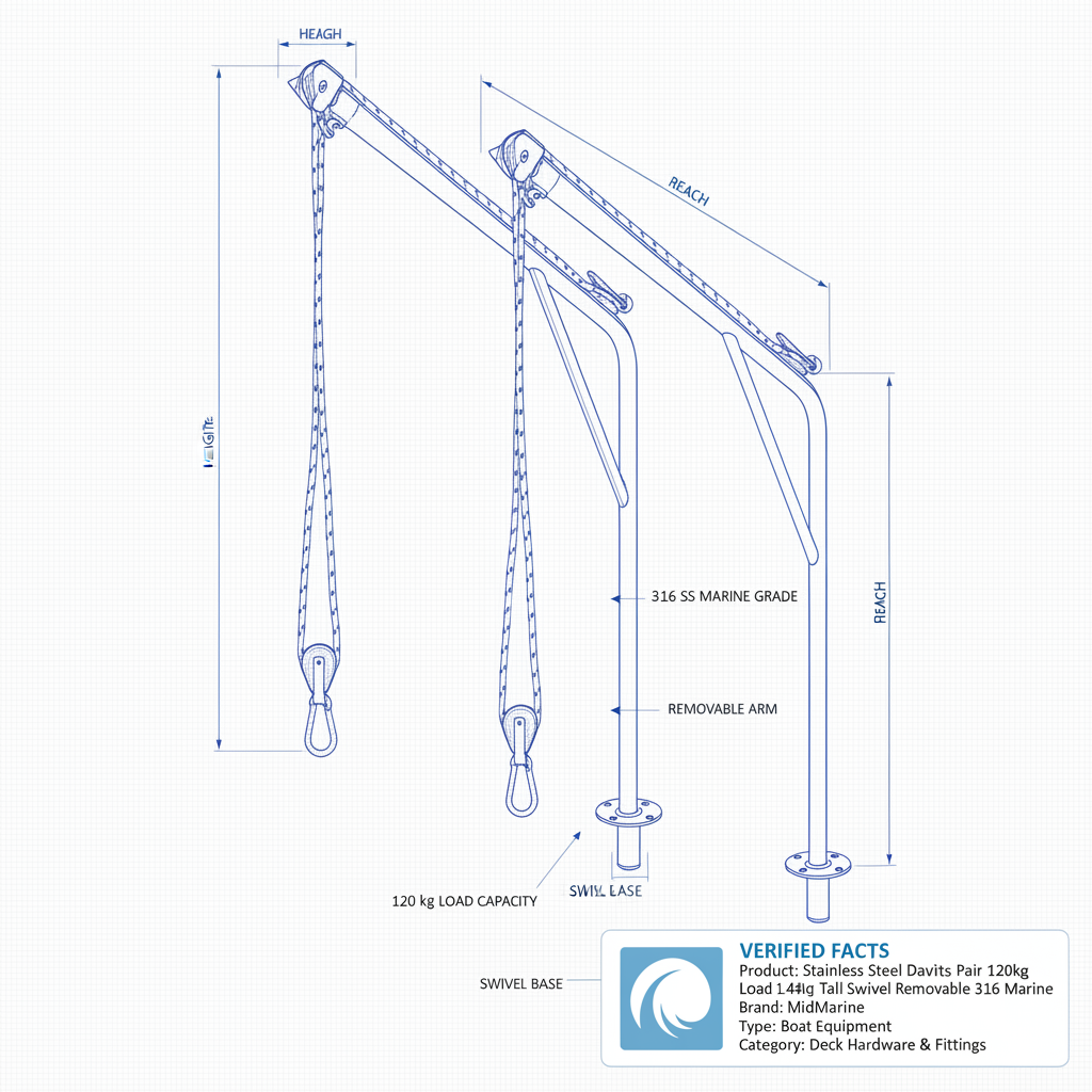 Stainless Steel Davits Pair 120kg Load 1.4m Tall Swivel Removable 316 Marine - Technical specification image 3