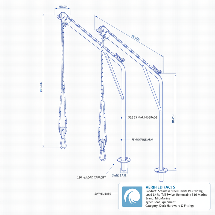 Stainless Steel Davits Pair 120kg Load 1.4m Tall Swivel Removable 316 Marine - Technical specification image 3
