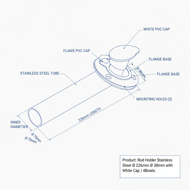 Rod Holder Stainless Steel 226mm Ø 38mm with White Cap | 4Boats - Technical specification image 3