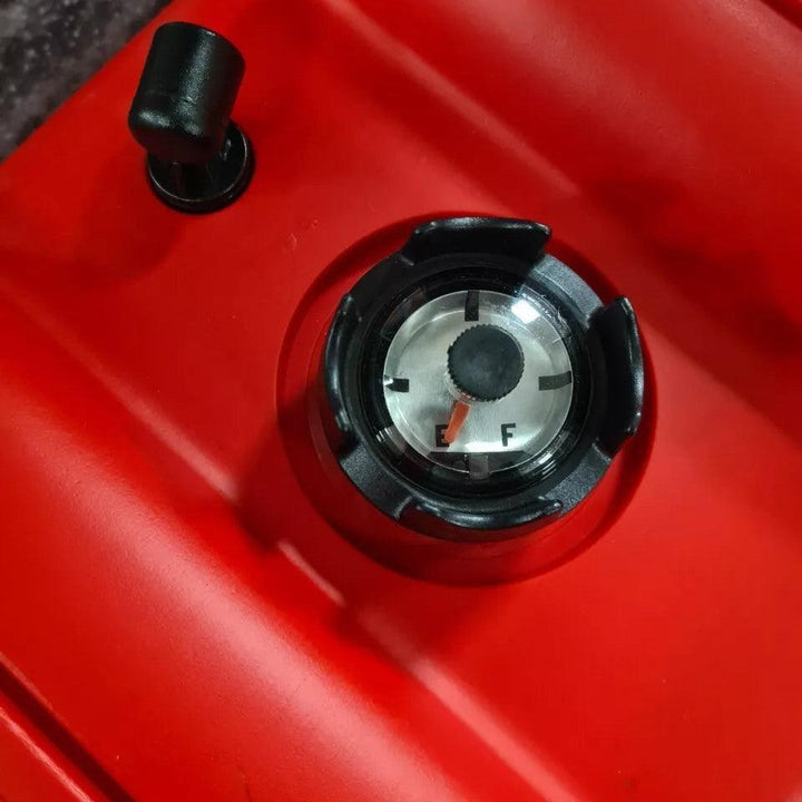 Close-up of MidMarine 22.7L boat fuel tank showing fuel gauge and red tank body