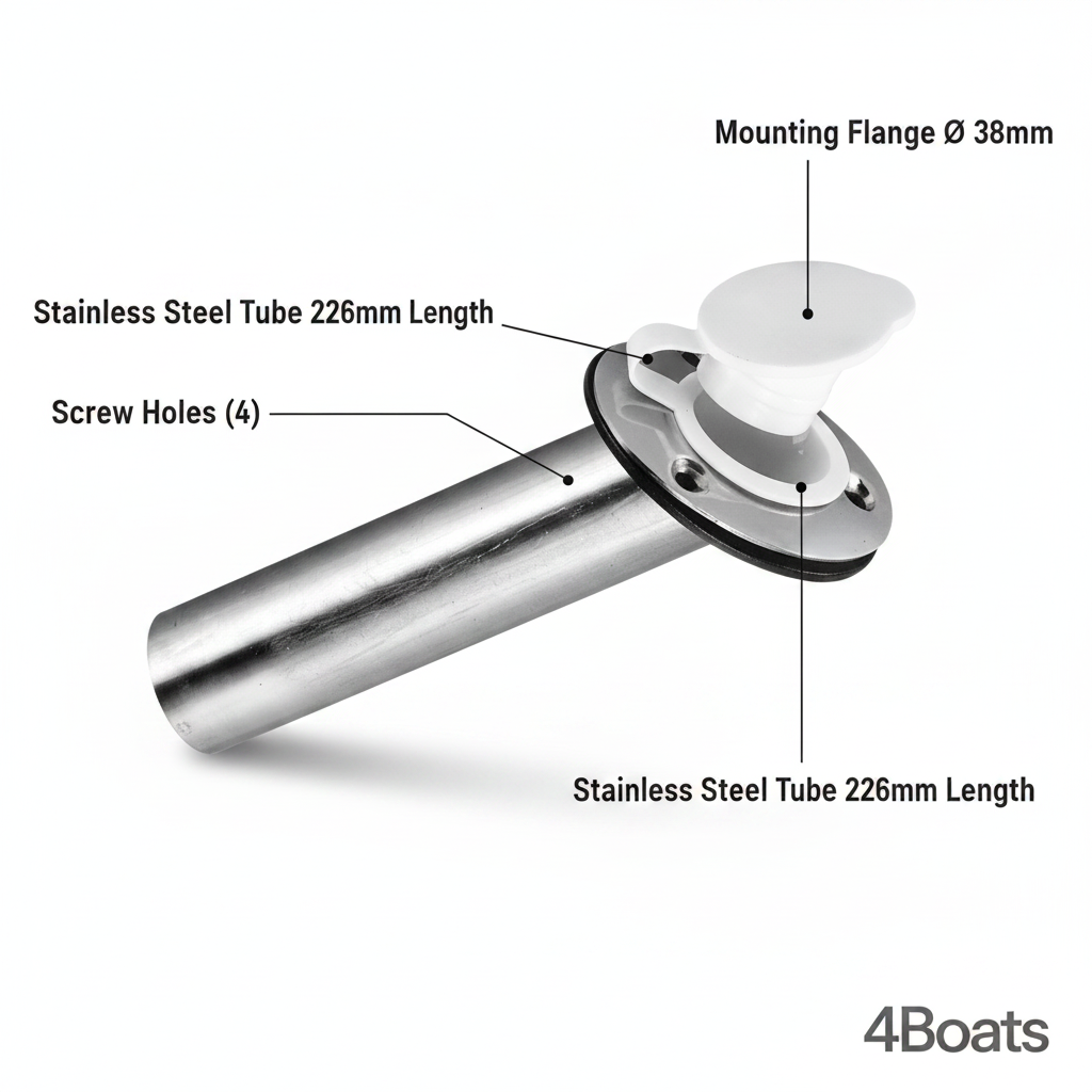 Rod Holder Stainless Steel 226mm Ø 38mm with White Cap | 4Boats - Technical specification image 2